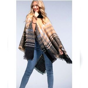 Women's Black/Pink Oversized Plaid Turtle Neck Poncho - OS